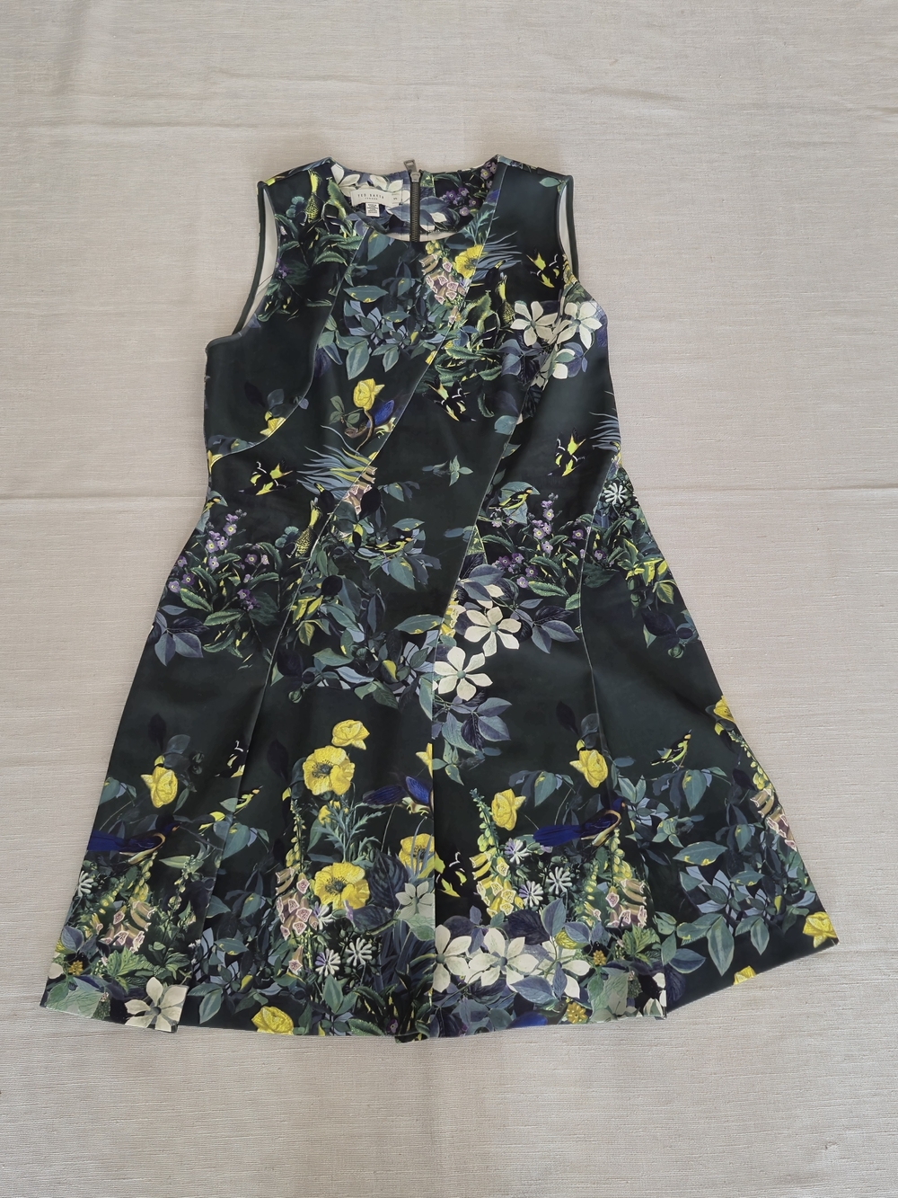 TED BAKER London Floral Bird Print Sleeveless Fit and Flare Scuba Dress XL
